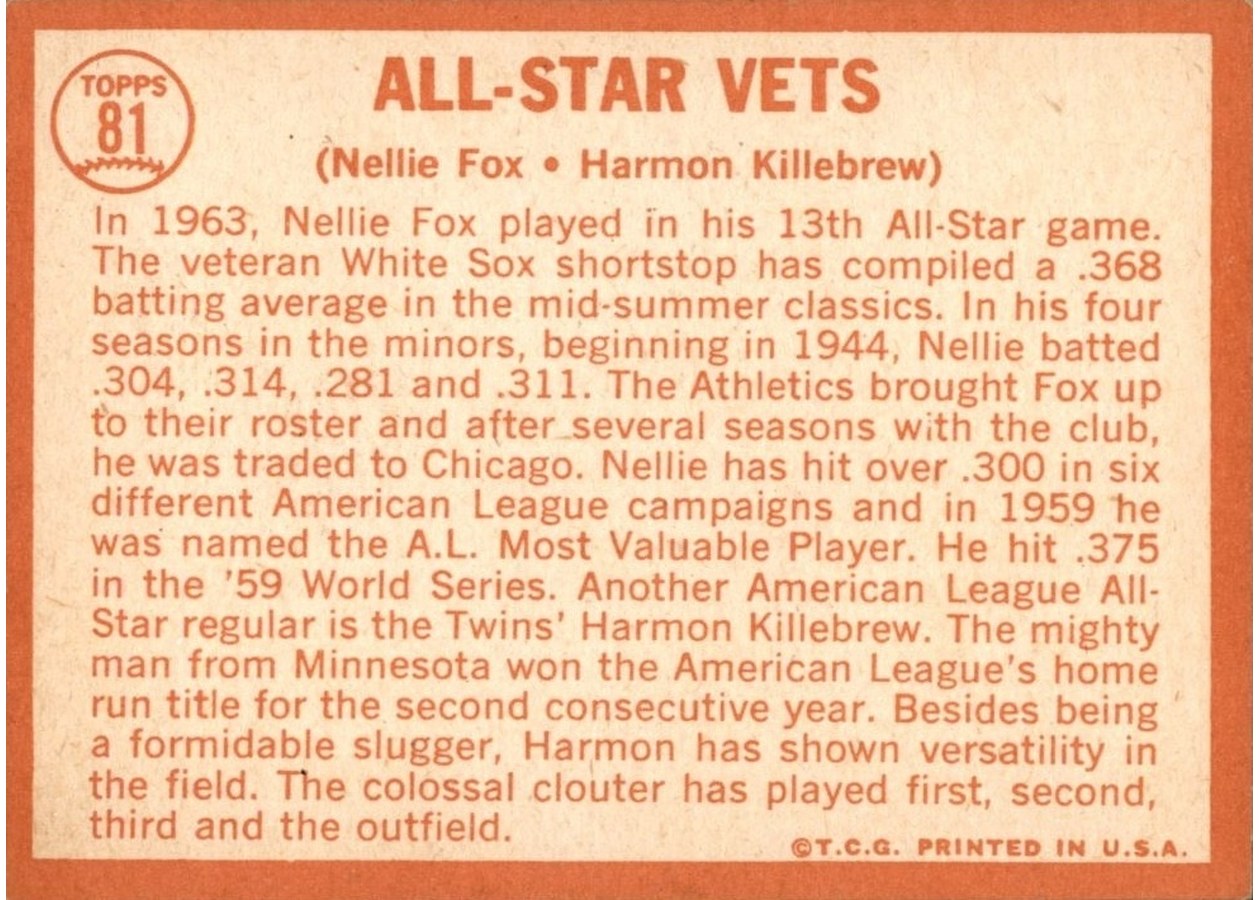 1964 Topps #81 All-Star Vets card back
