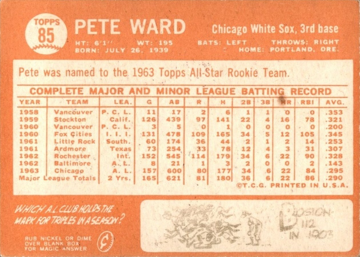 1964 Topps #85 Pete Ward card back