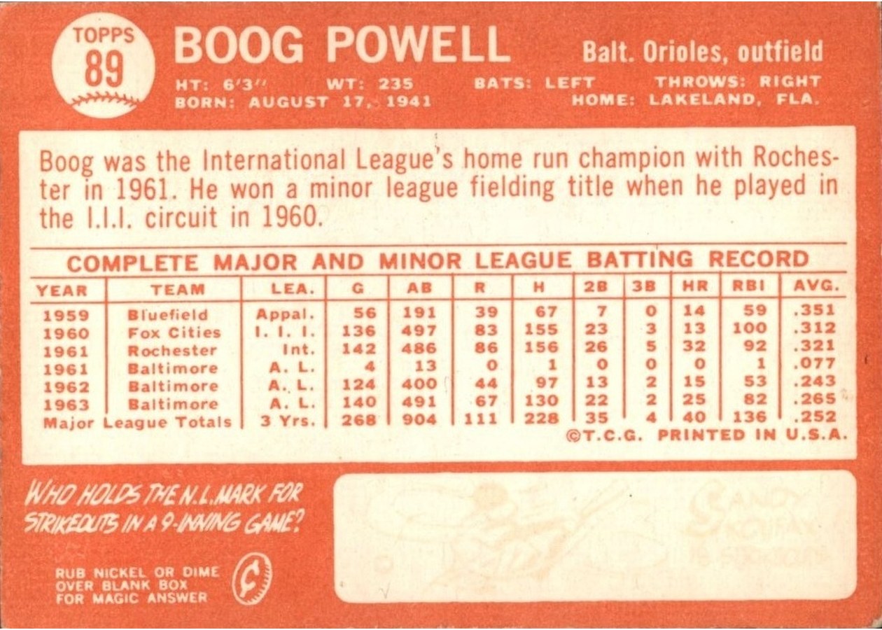 1964 Topps #89 Boog Powell card back