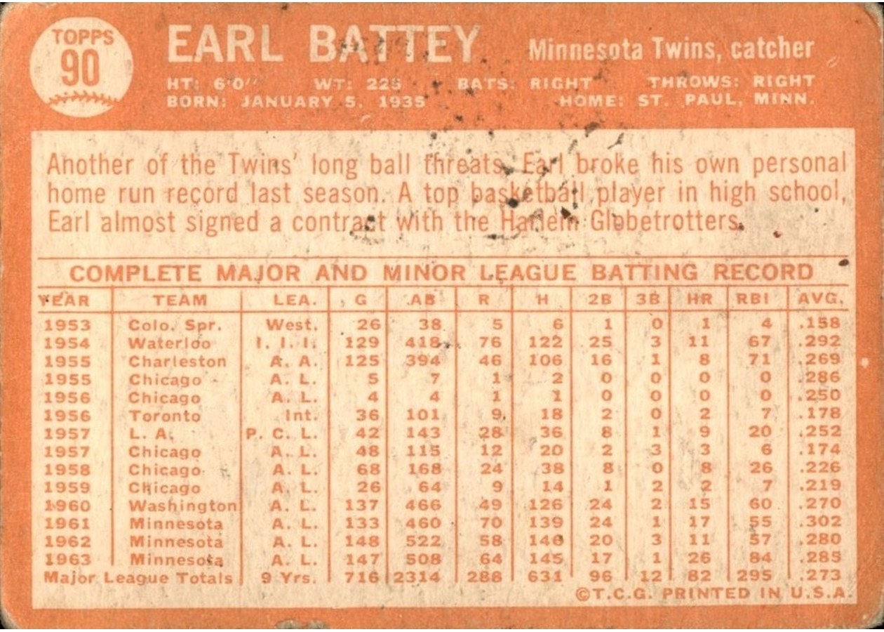 1964 Topps #90 Earl Battey card back
