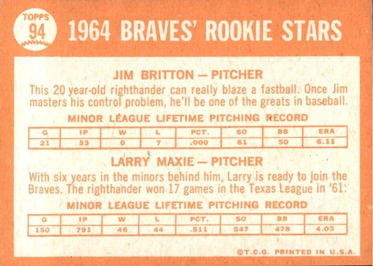 1964 Topps #94 Braves 1964 Rookie Stars card back