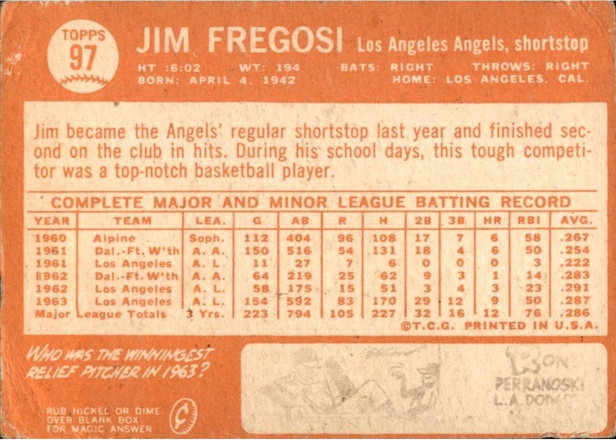 1964 Topps #97 Jim Fregosi card back