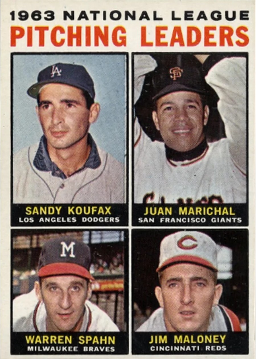 1964 Topps #3 1963 National League Pitching Leaders, Los Angeles Dodgers / San Francisco Giants / Milwaukee Braves / Cincinnati Reds