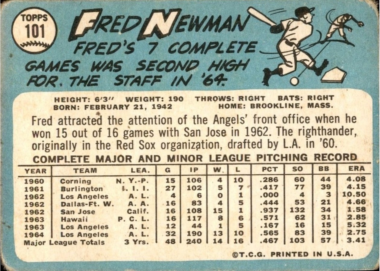 1965 Topps #101 Fred Newman card back