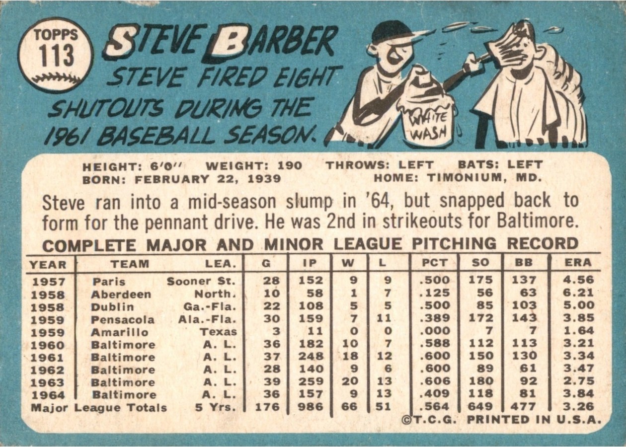 1965 Topps #113 Steve Barber card back