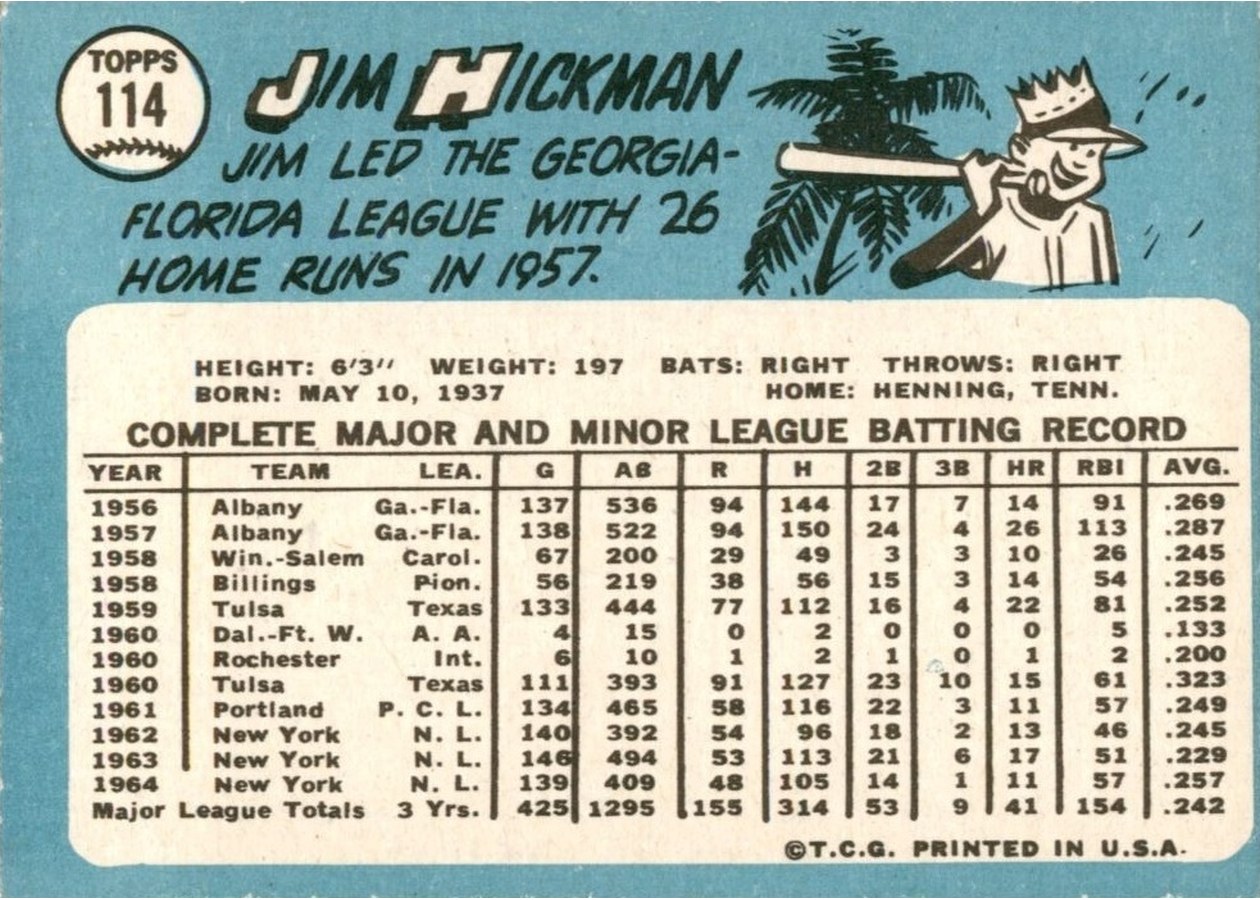 1965 Topps #114 Jim Hickman card back