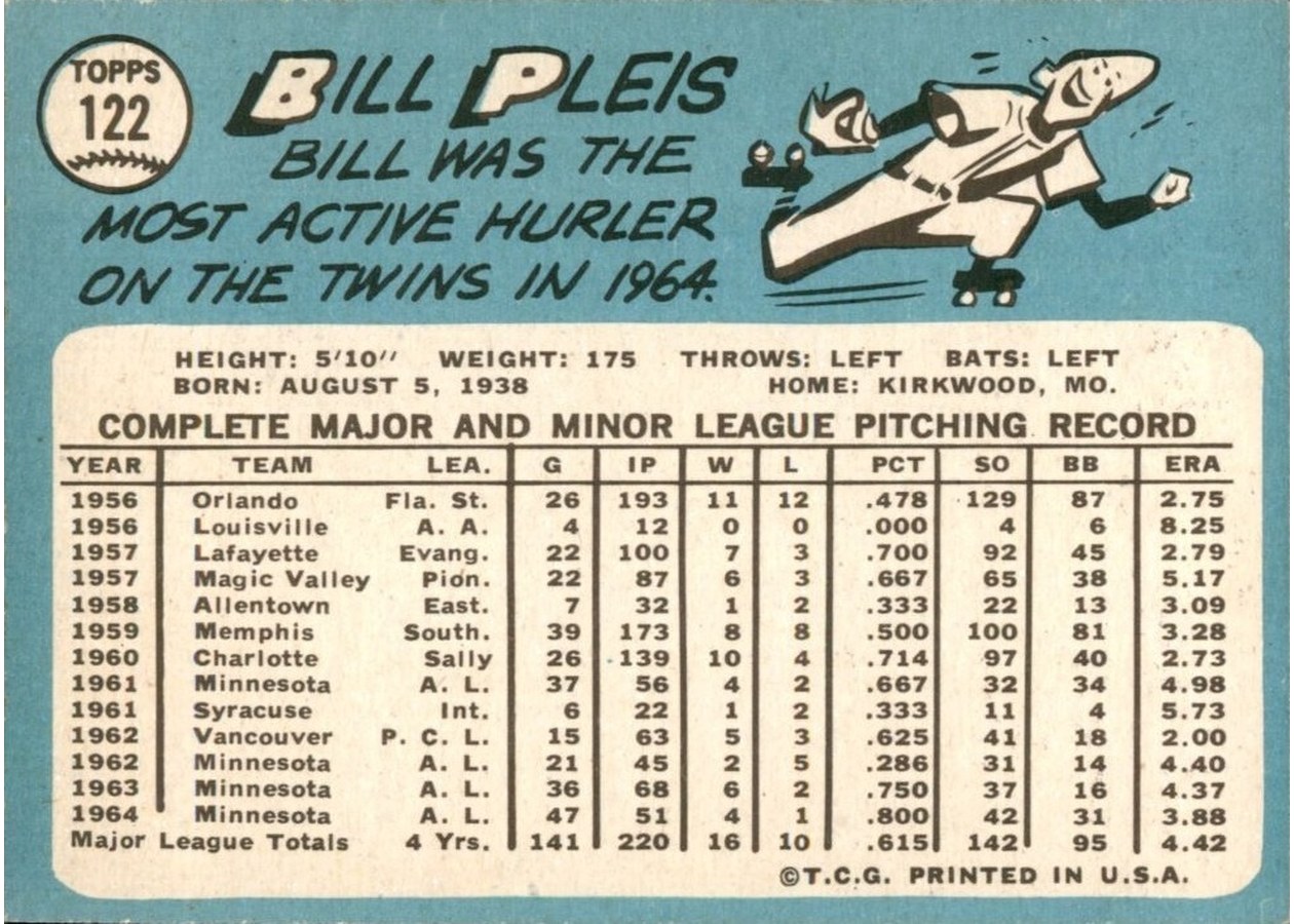 1965 Topps #122 Bill Pleis card back