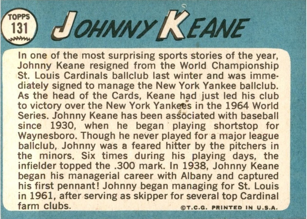 1965 Topps #131 Johnny Keane card back