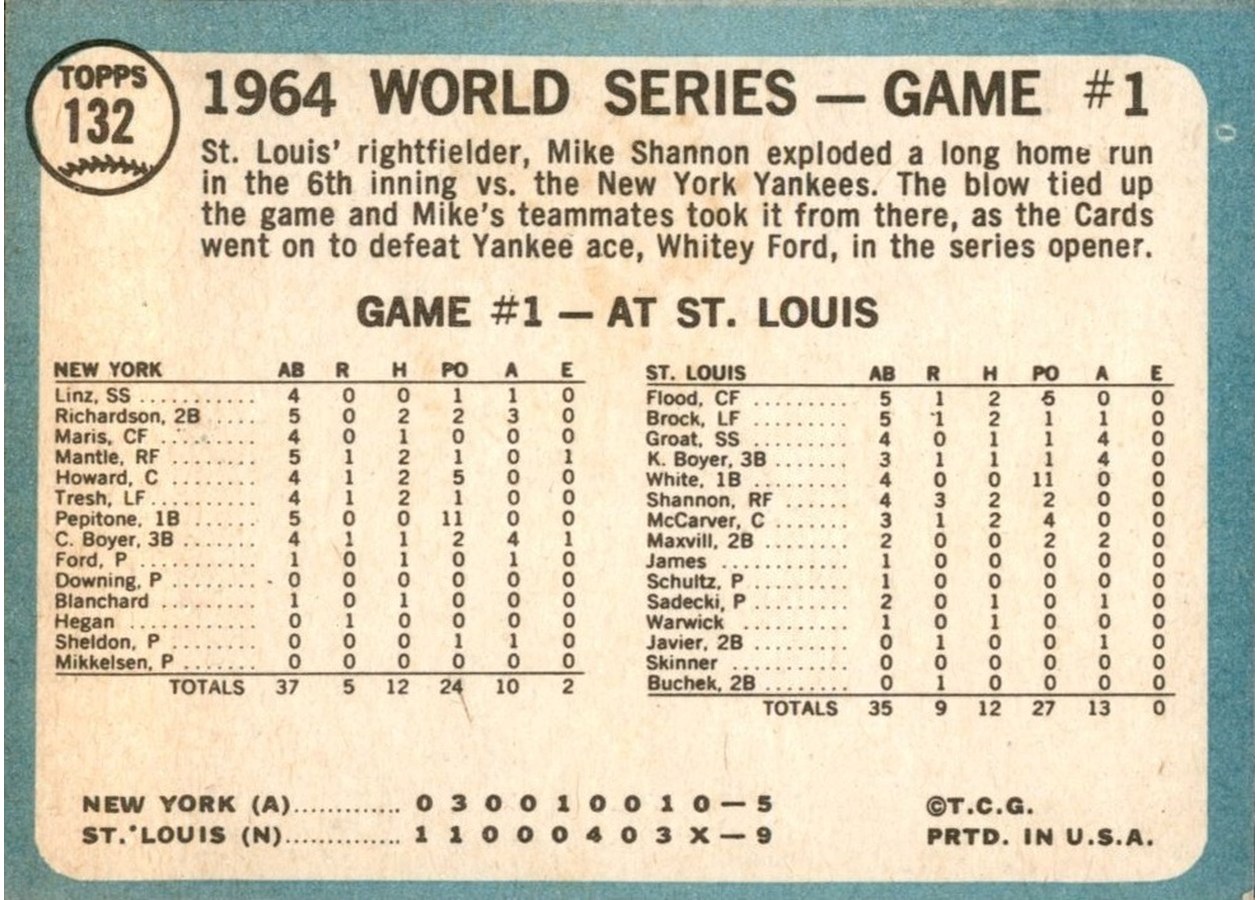 1965 Topps #132 World Series Game #1 - Cards Take Opener card back