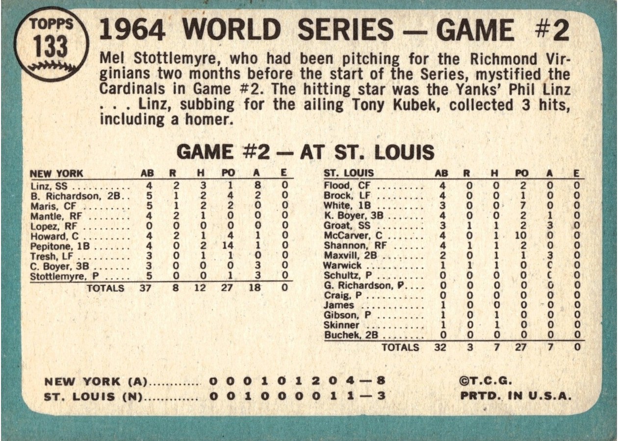 1965 Topps #133 World Series Game #2 - Stottlemyre Wins card back