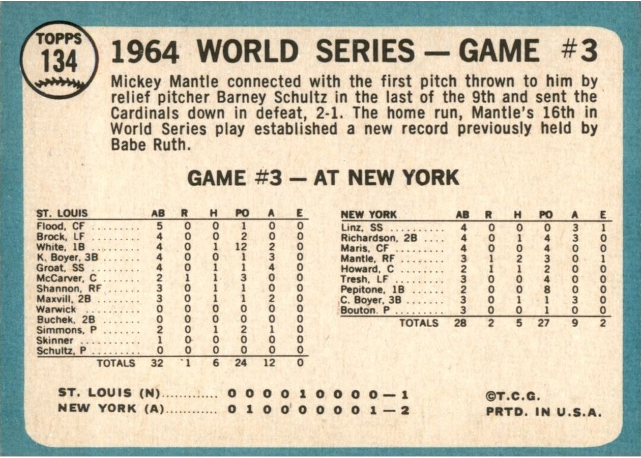1965 Topps #134 World Series Game #3 - Mantle's Clutch HR card back