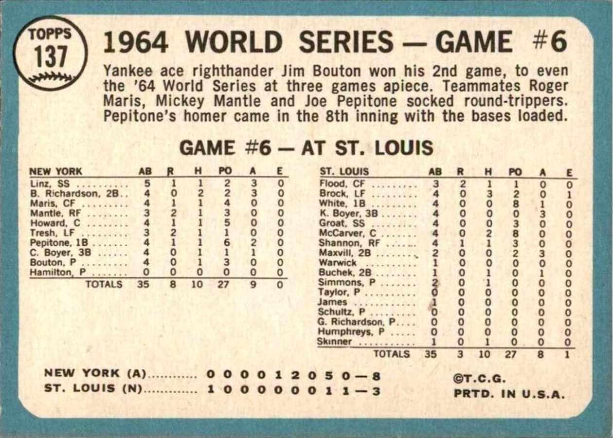 1965 Topps #137 World Series Game #6 - Bouton Wins Again card back