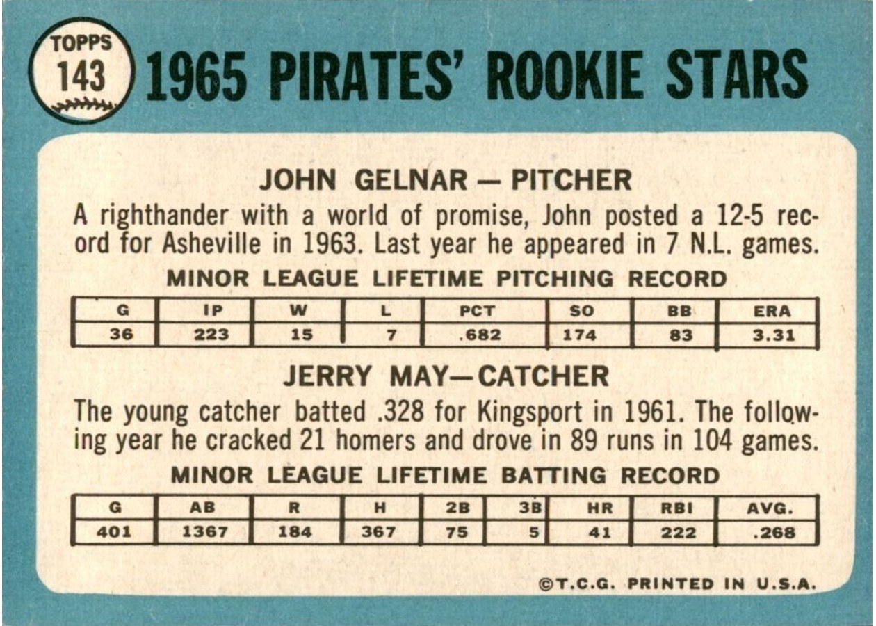 1965 Topps #143 Pirates 1965 Rookie Stars card back