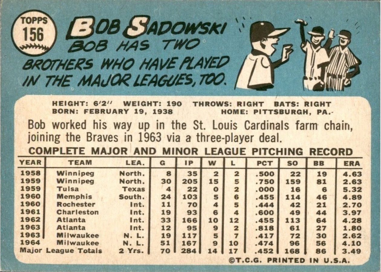 1965 Topps #156 Bob Sadowski card back