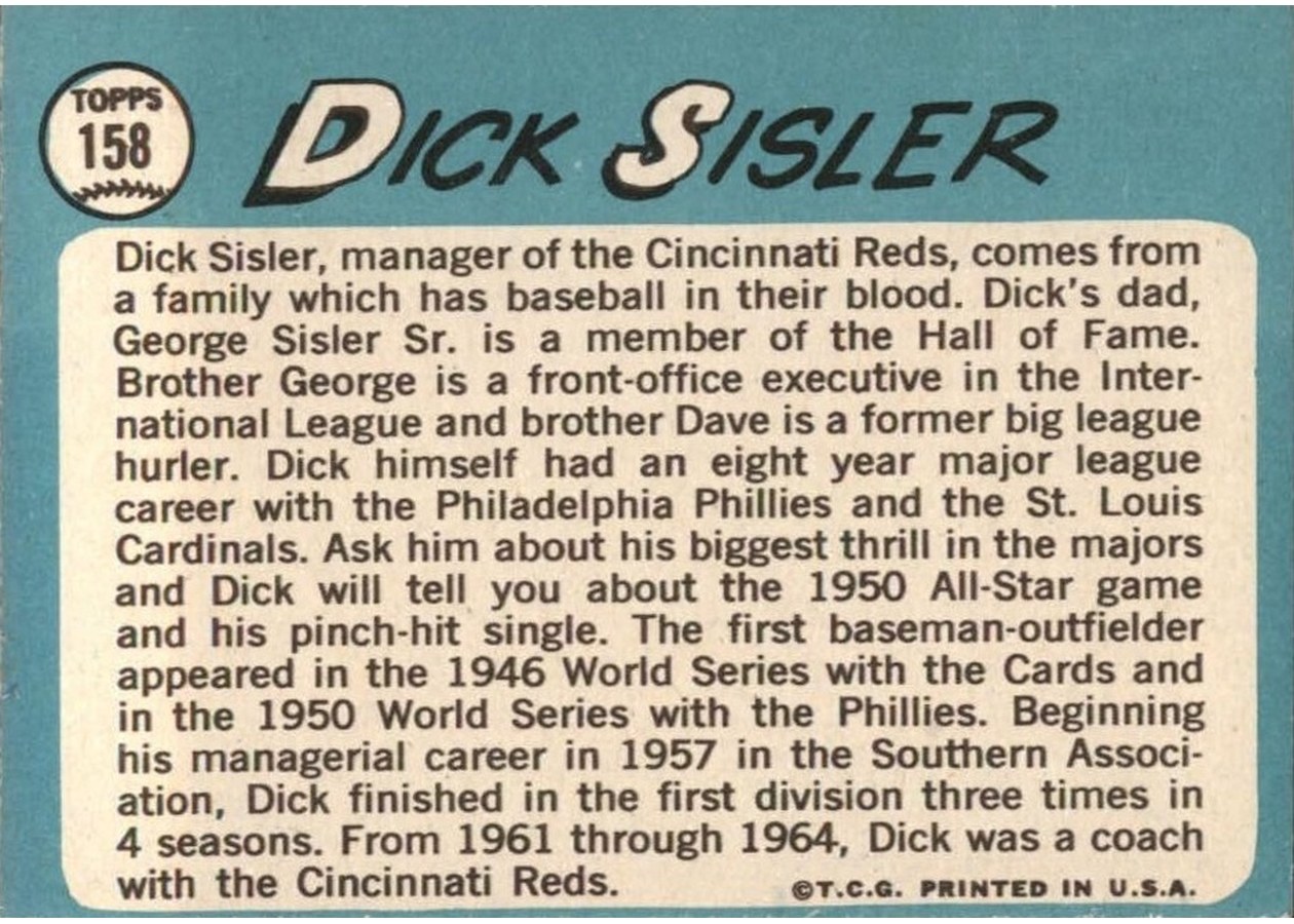 1965 Topps #158 Dick Sisler card back