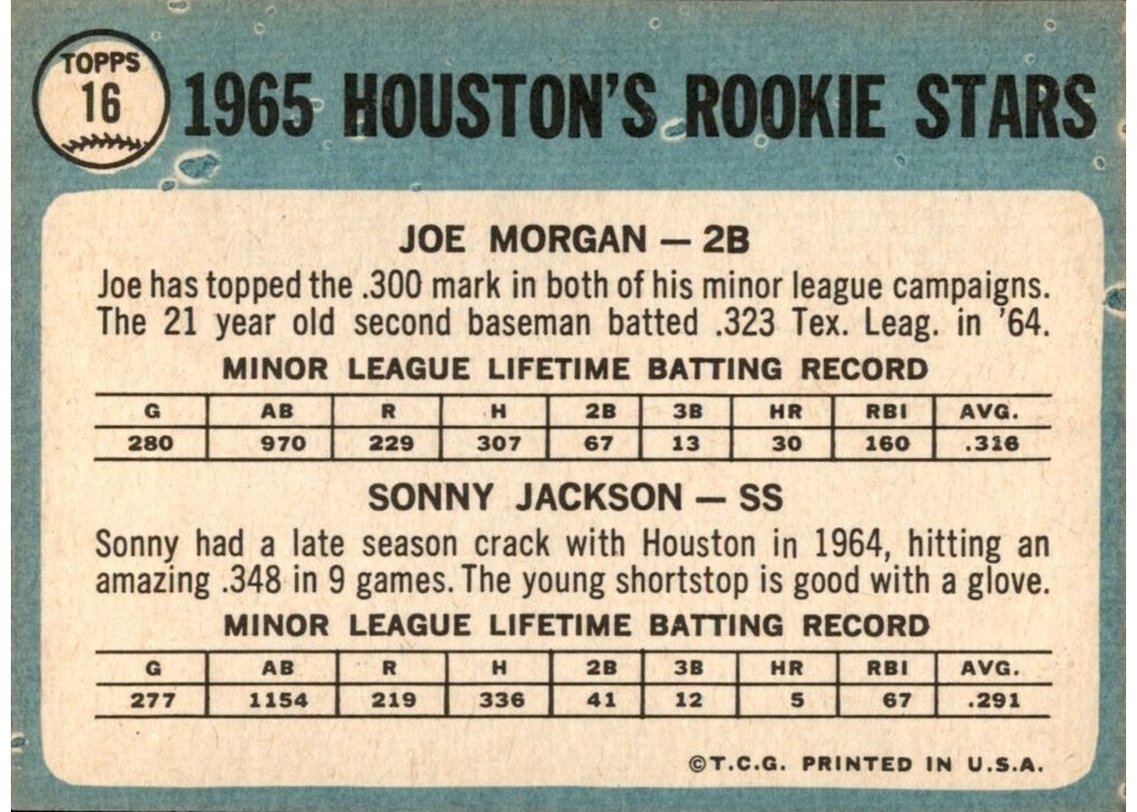 1965 Topps #16 Houston 1965 Rookie Stars card back