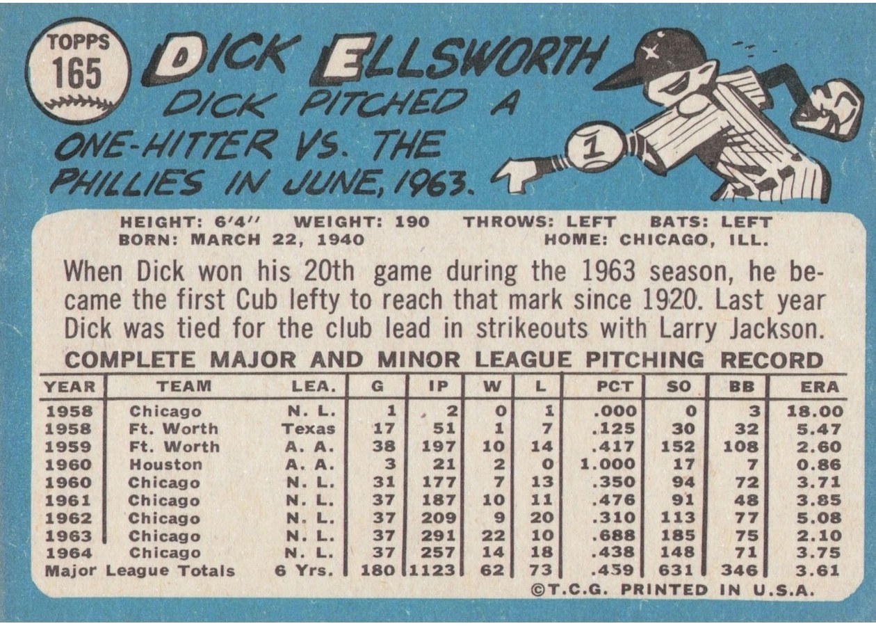 1965 Topps #165 Dick Ellsworth card back