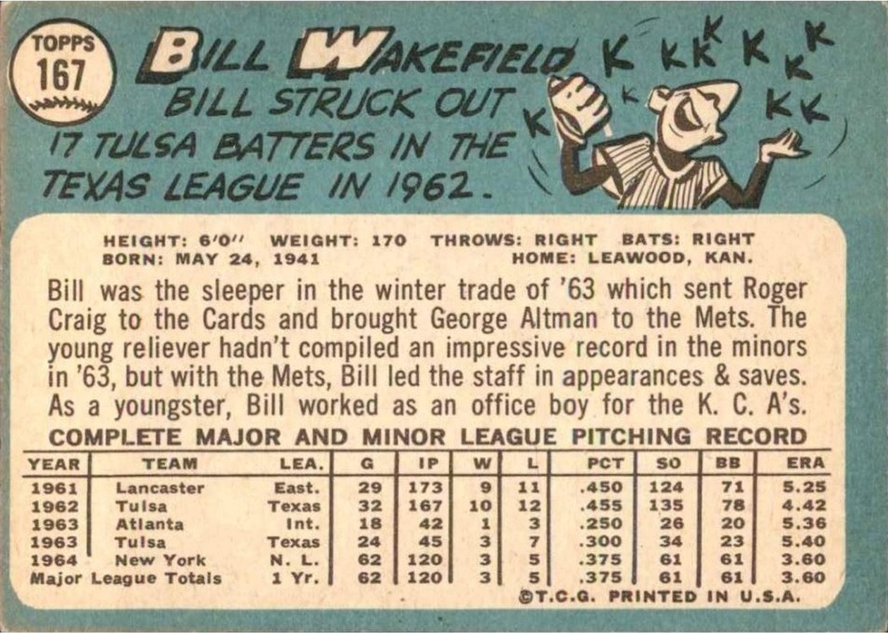 1965 Topps #167 Bill Wakefield card back