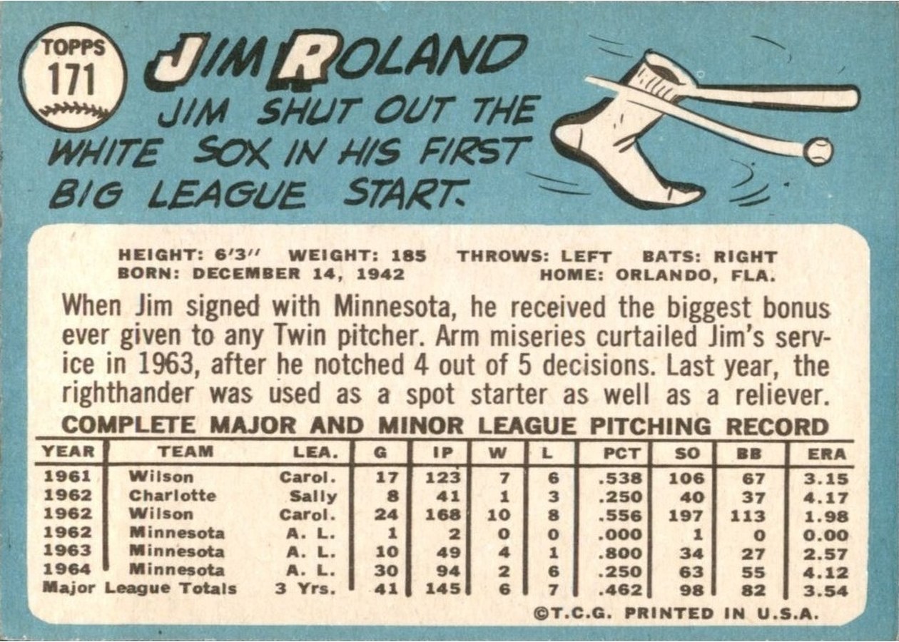 1965 Topps #171 Jim Roland card back