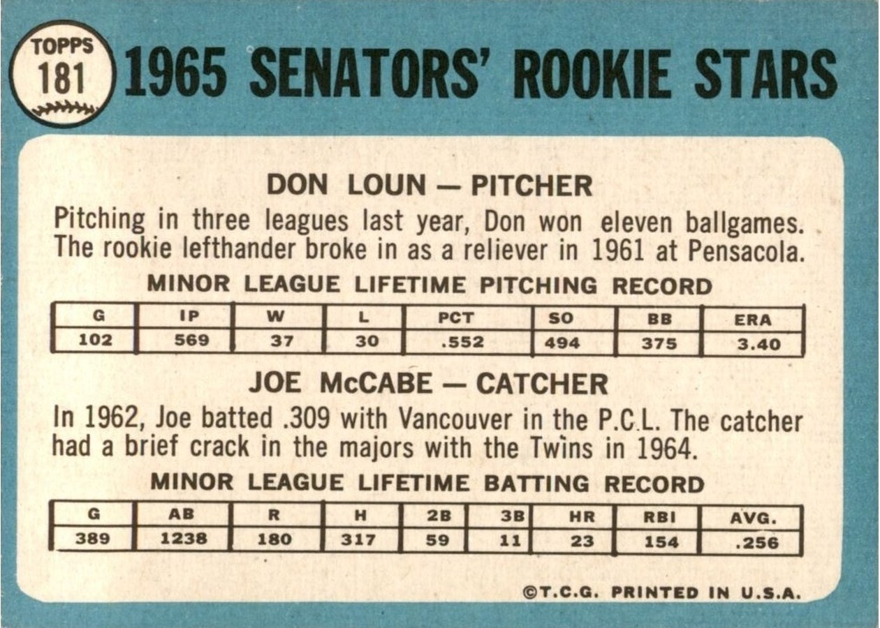 1965 Topps #181 Senators 1965 Rookie Stars card back