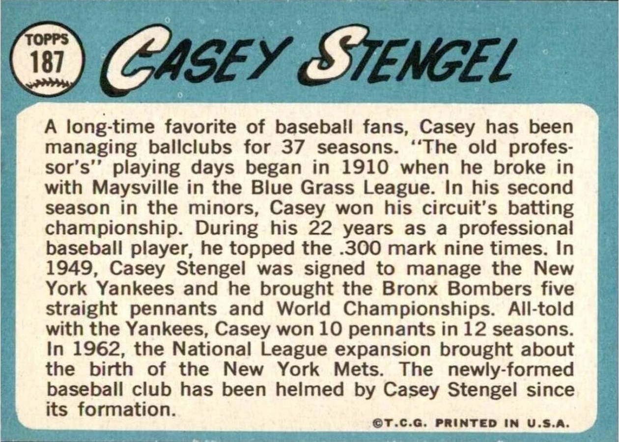 1965 Topps #187 Casey Stengel card back