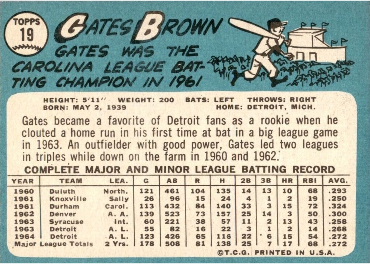 1965 Topps #19 Gates Brown card back