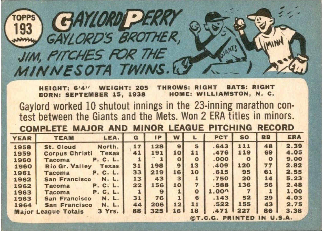 1965 Topps #193 Gaylord Perry card back