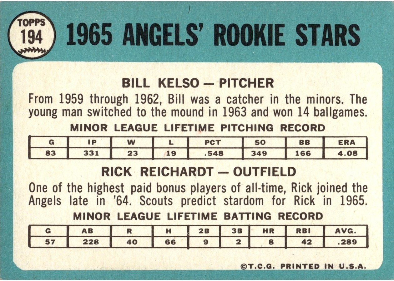 1965 Topps #194 Angels 1965 Rookie Stars card back