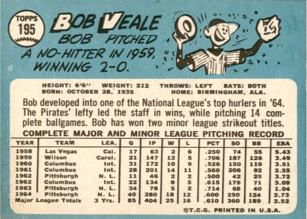 1965 Topps #195 Bob Veale card back