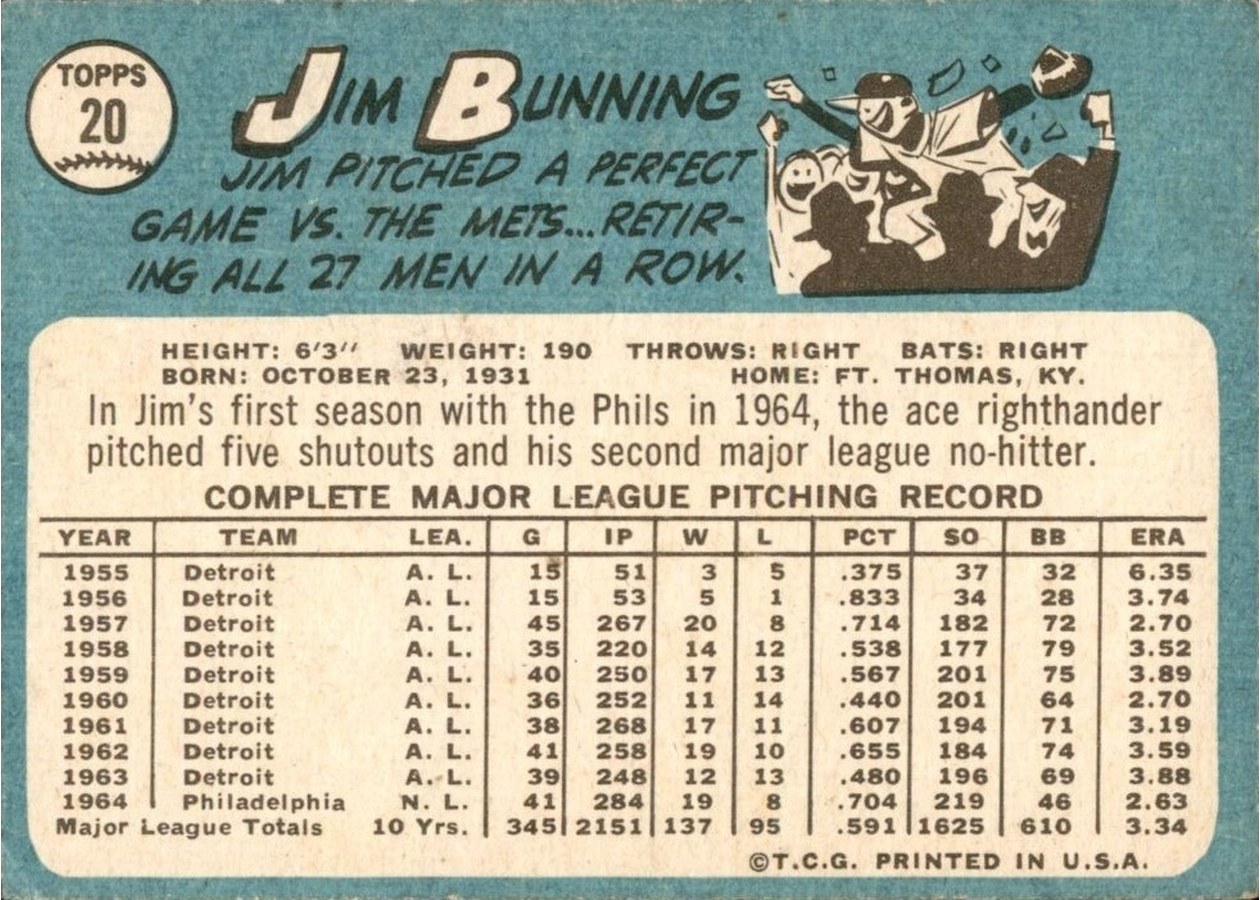 1965 Topps #20 Jim Bunning card back