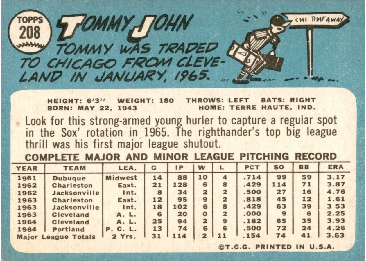 1965 Topps #208 Tommy John card back