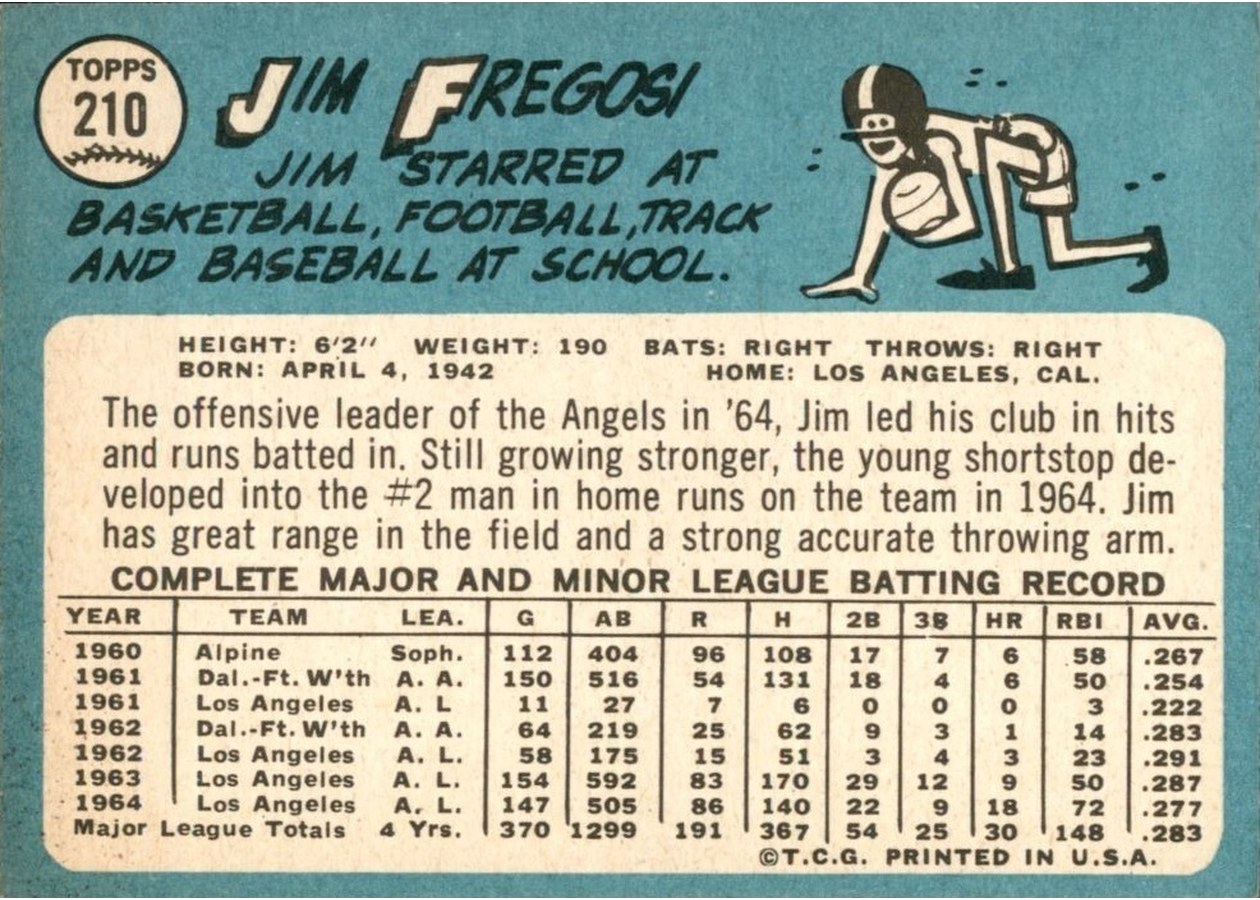 1965 Topps #210 Jim Fregosi card back