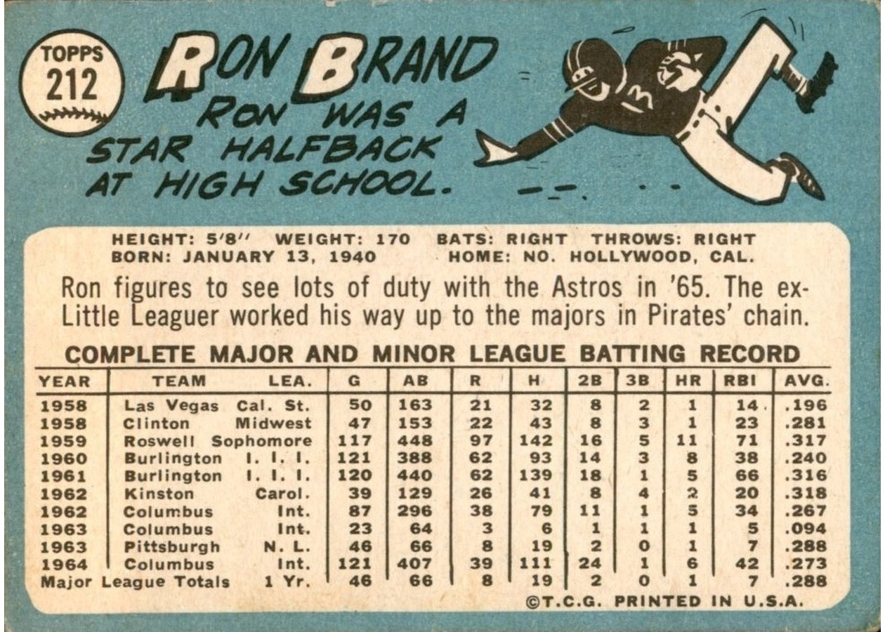 1965 Topps #212 Ron Brand card back