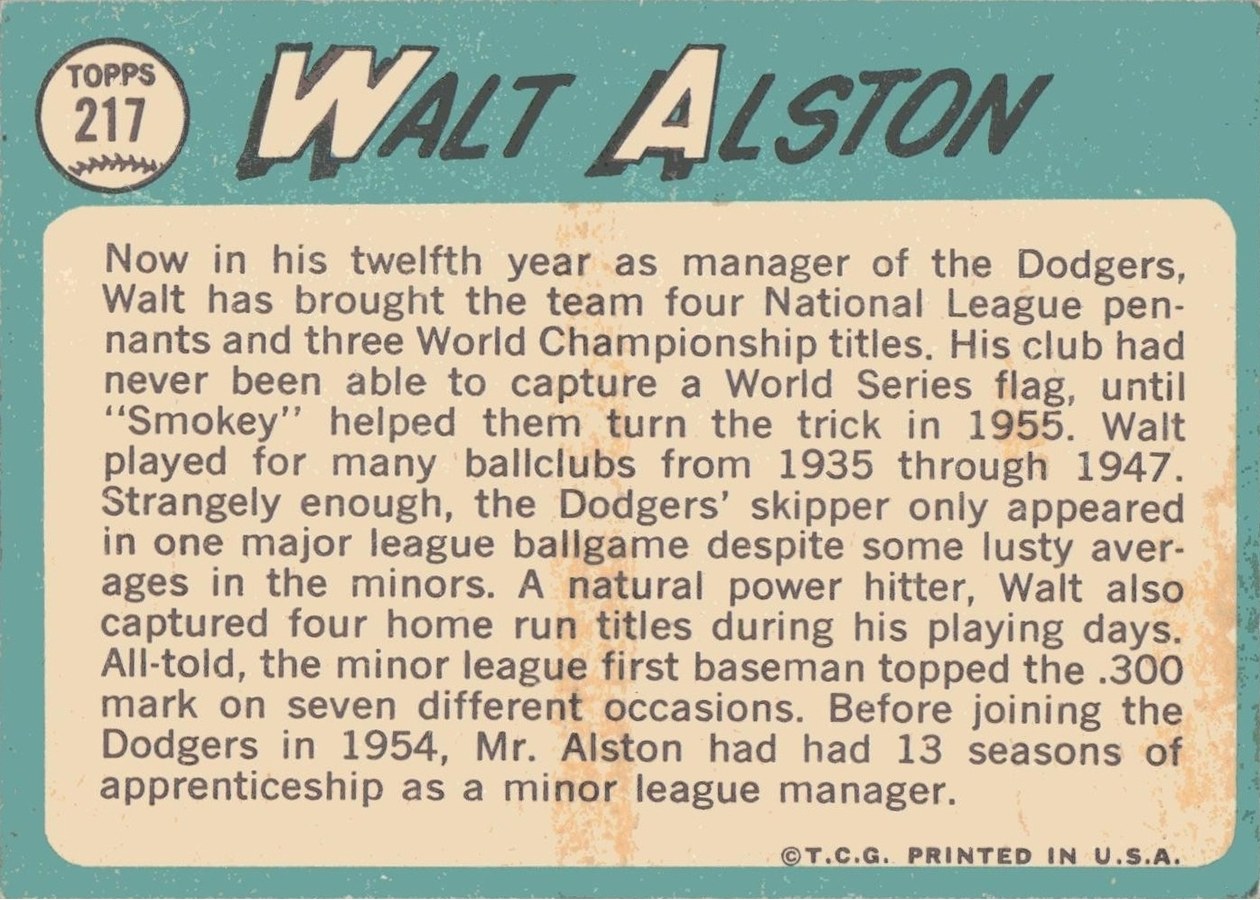 1965 Topps #217 Walt Alston card back