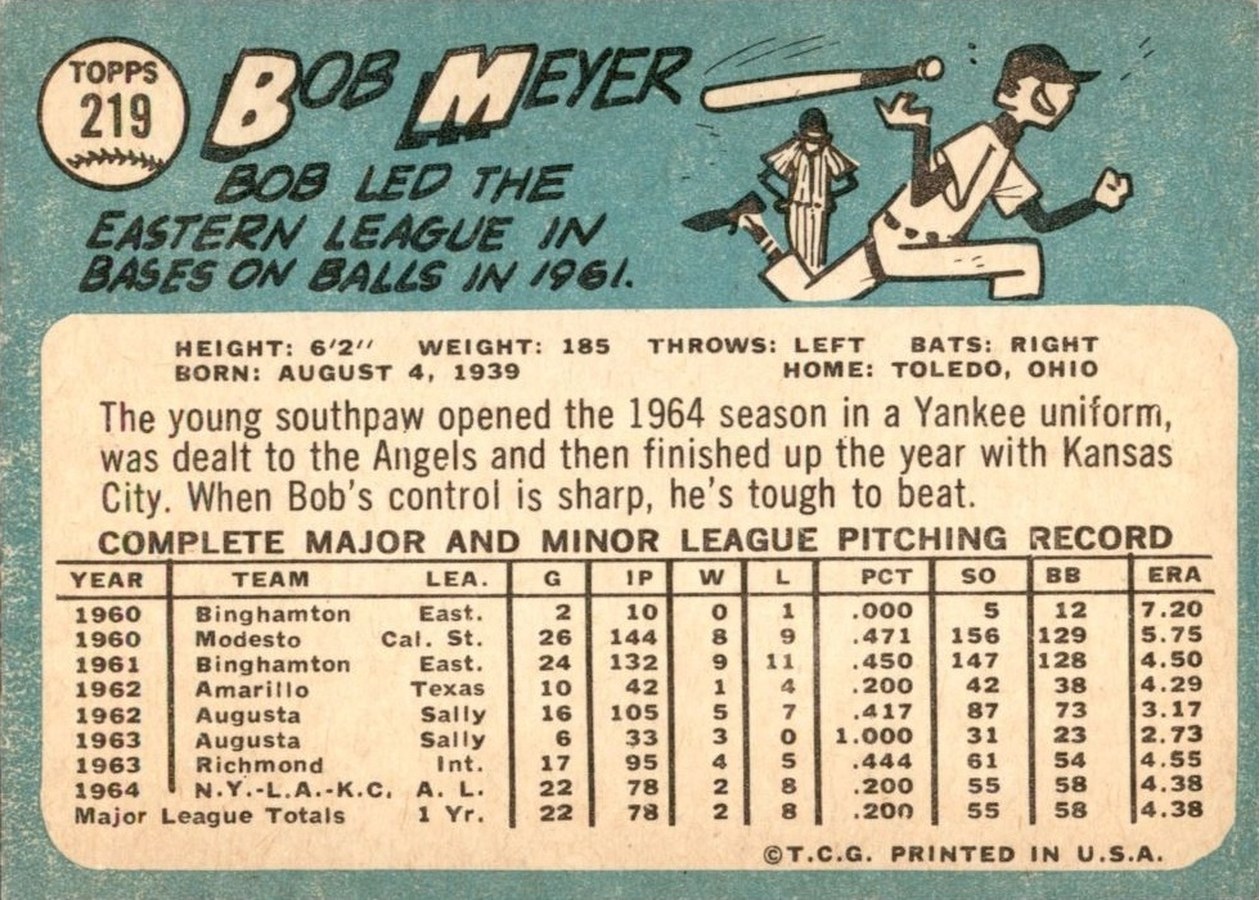 1965 Topps #219 Bob Meyer card back