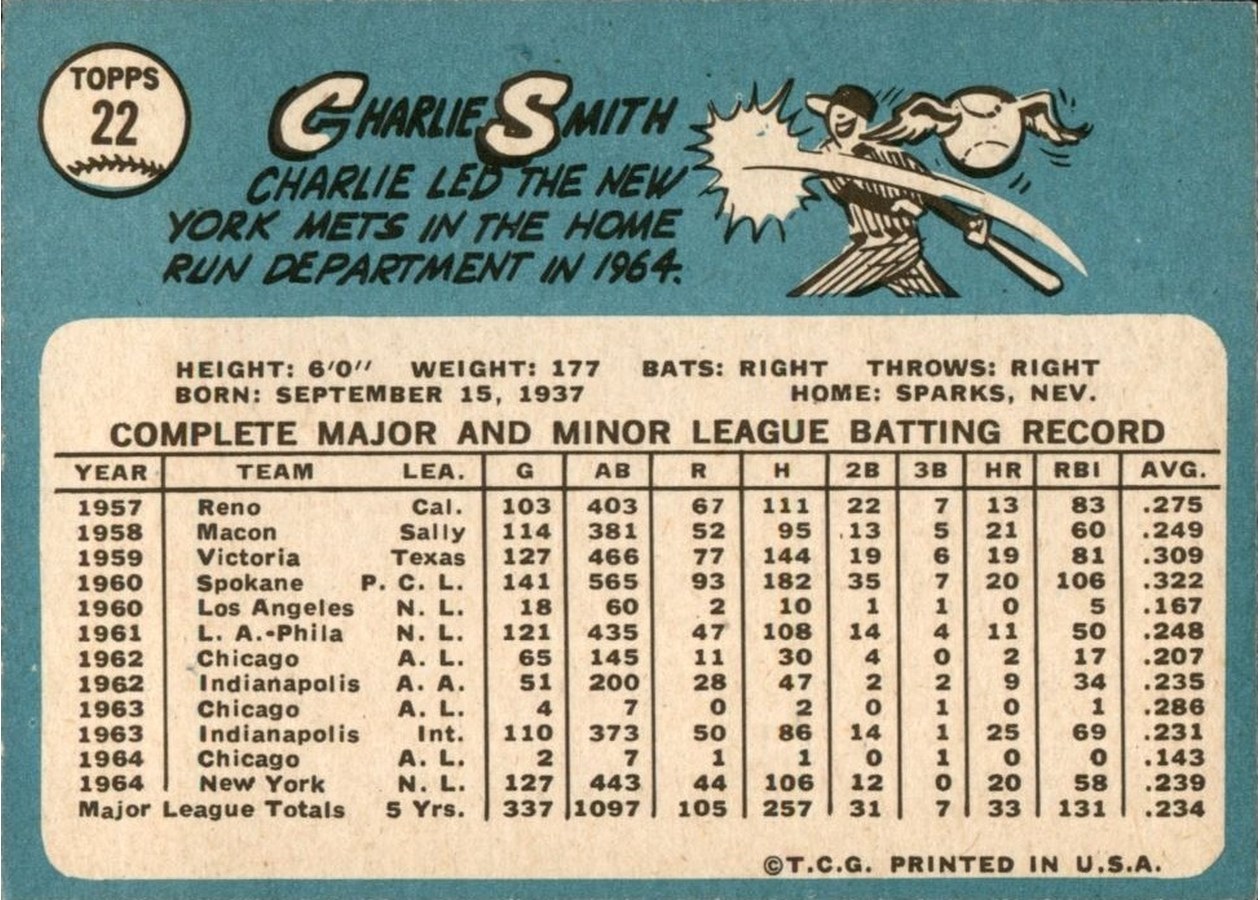 1965 Topps #22 Charlie Smith card back