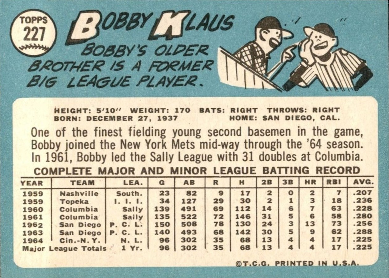 1965 Topps #227 Bobby Klaus card back