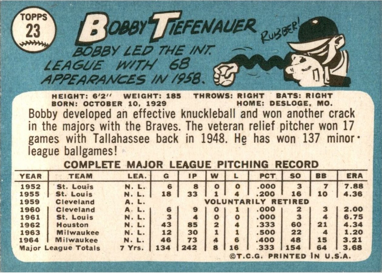 1965 Topps #23 Bob Tiefenauer card back