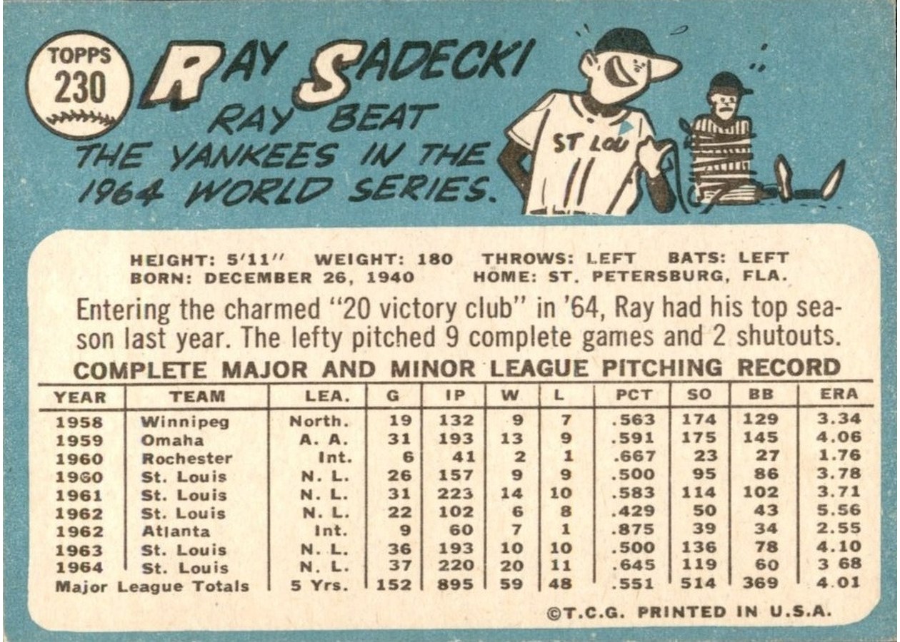 1965 Topps #230 Ray Sadecki card back