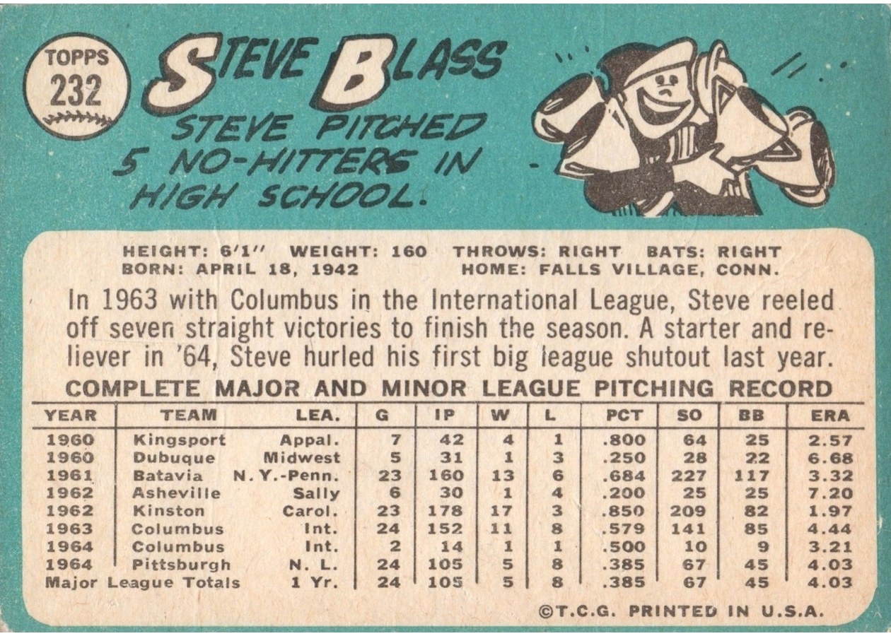 1965 Topps #232 Steve Blass card back