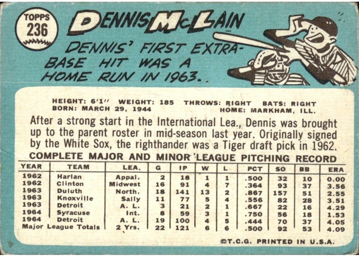 1965 Topps #236 Dennis McLain card back