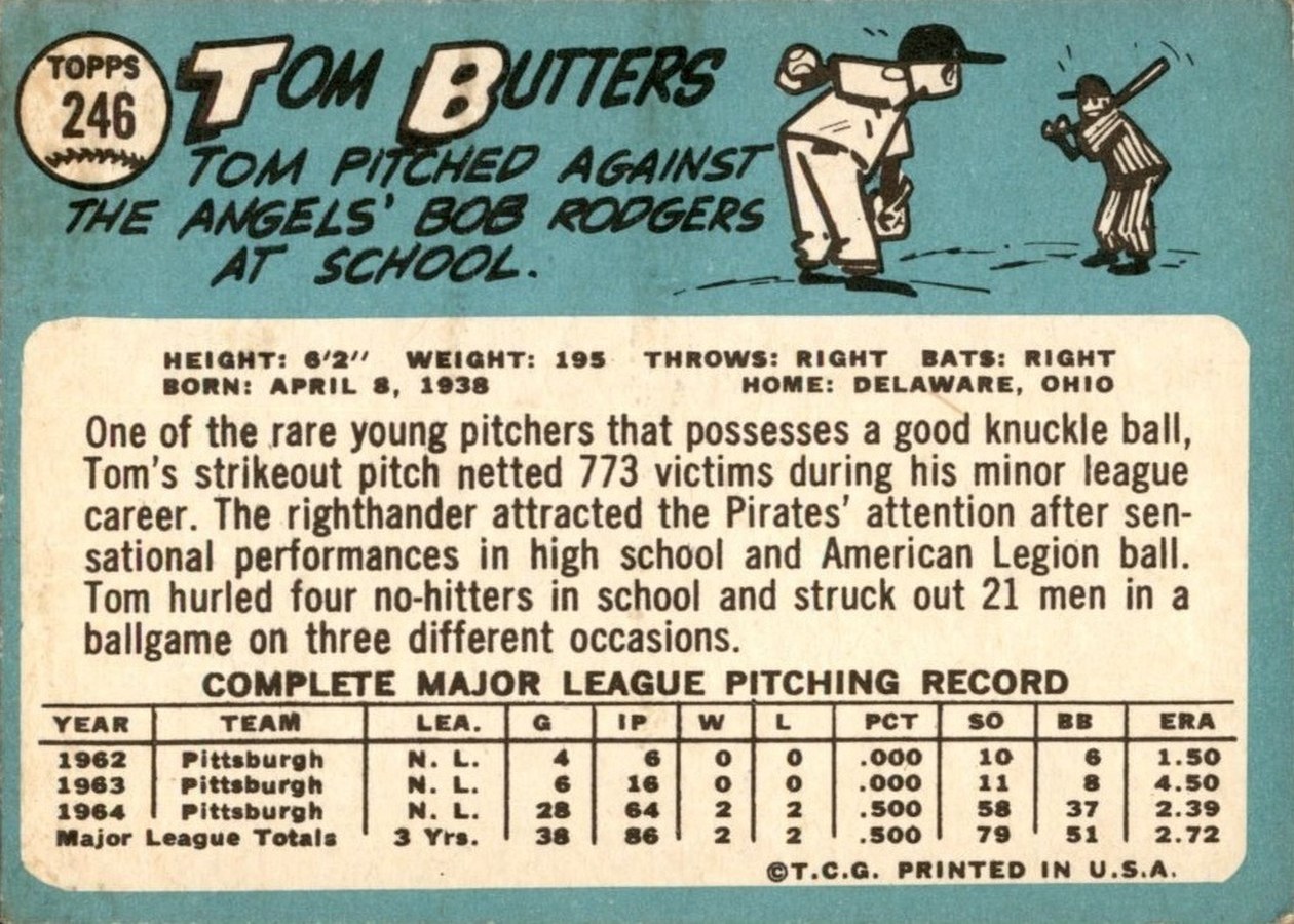 1965 Topps #246 Tom Butters card back