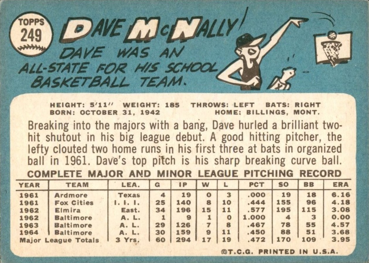 1965 Topps #249 Dave McNally card back