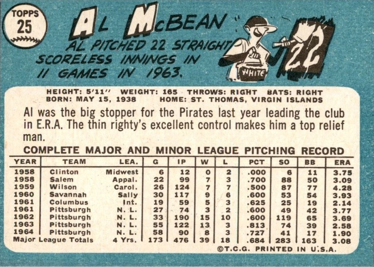 1965 Topps #25 Al McBean card back