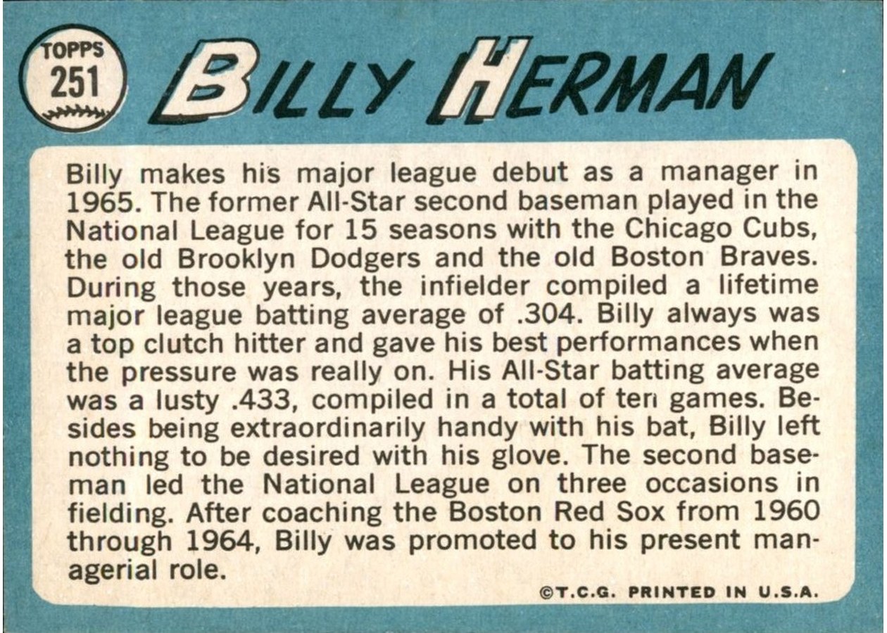 1965 Topps #251 Billy Herman card back