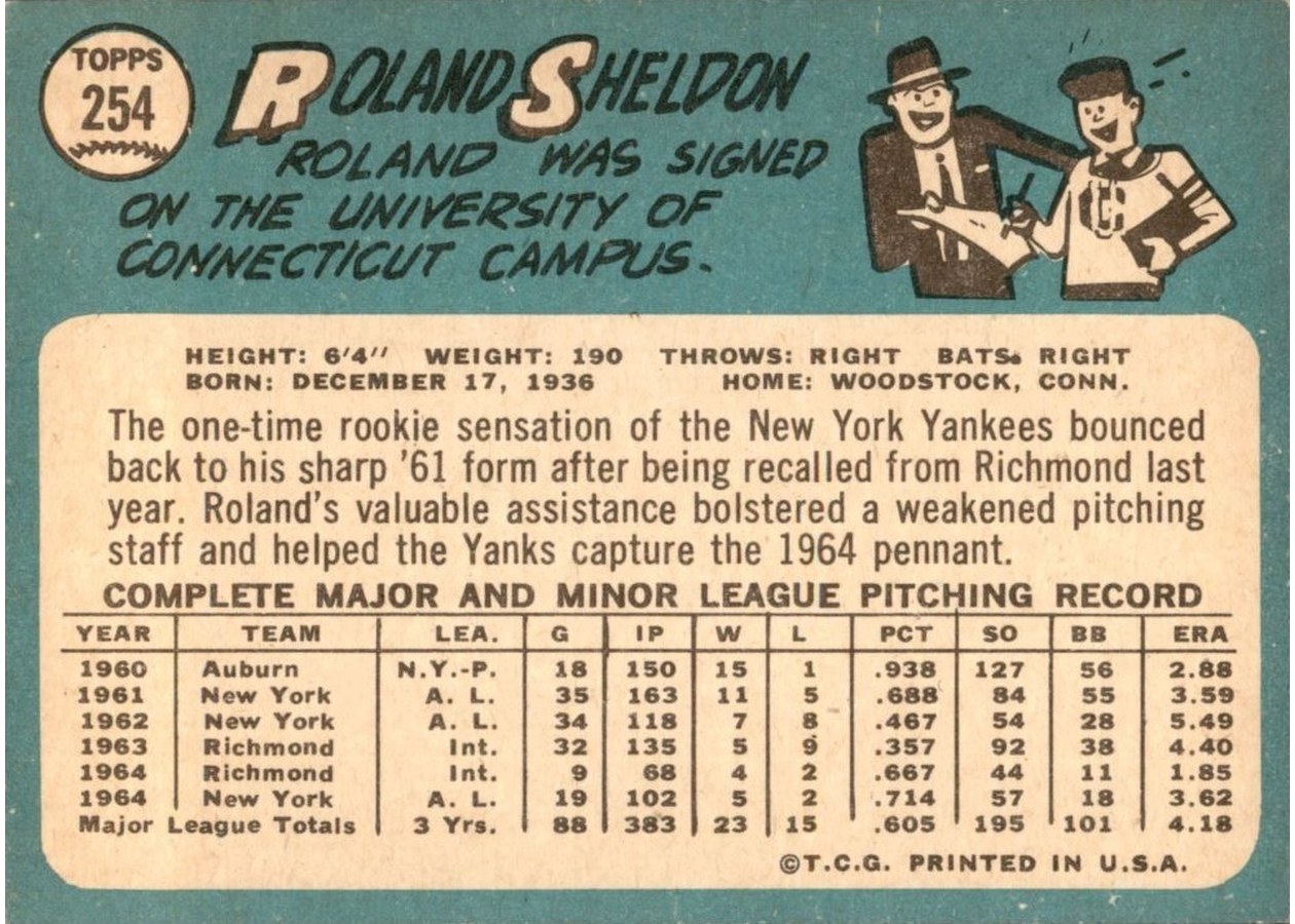 1965 Topps #254 Roland Sheldon card back