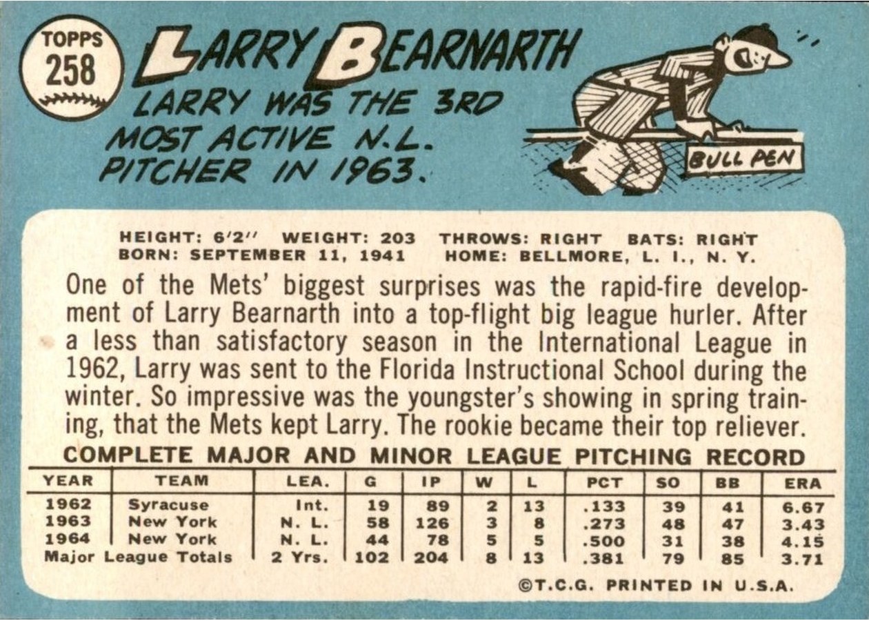 1965 Topps #258 Larry Bearnarth card back