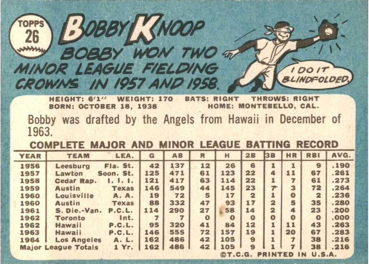 1965 Topps #26 Bobby Knoop card back
