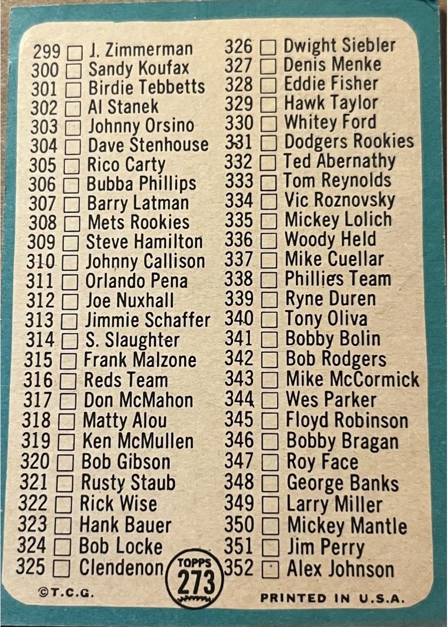 1965 Topps #273 4th Series Checklist: 265-352 card back