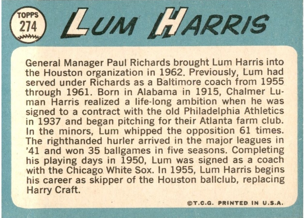 1965 Topps #274 Lum Harris card back